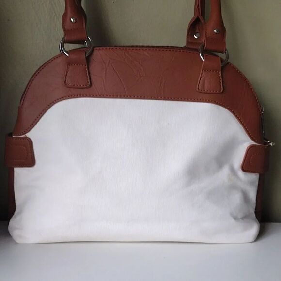 B Amici Amelia White Canvas & Tan Trimming Satchel Shoulder Bag - Picture 8 of 16